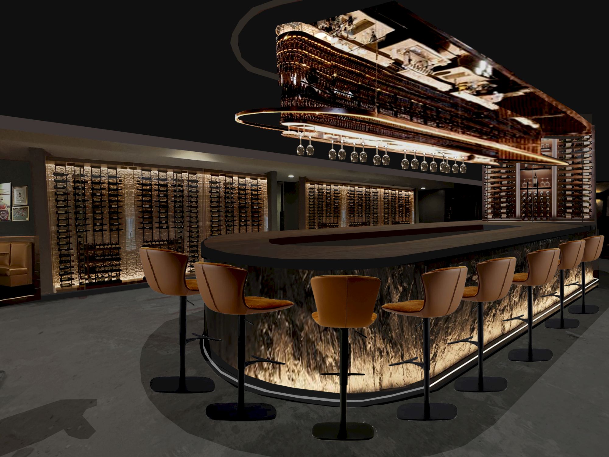 The image shows a modern bar with a sleek design, featuring bar stools, a lit counter, and overhead shelves with glasses and bottles.
