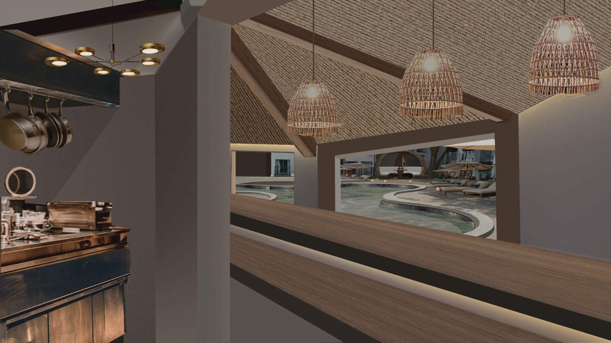 A modern kitchen interior with pendant lights, wooden textures, and a view of the outside area through large windows completes the scene.