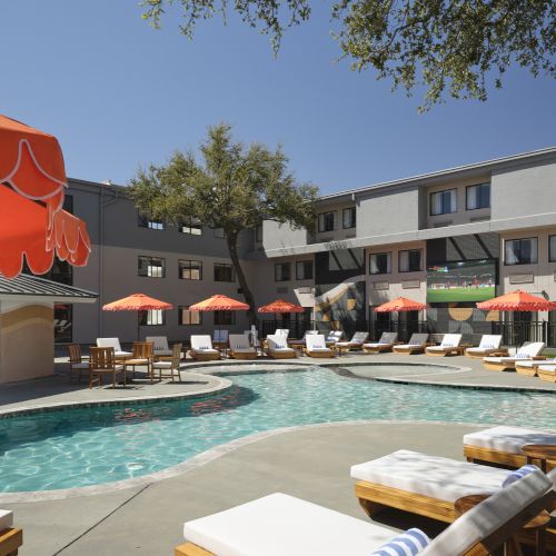 A sunny outdoor pool with lounge chairs, palm trees, and a red-roofed building in the background, creating a resort vibe.