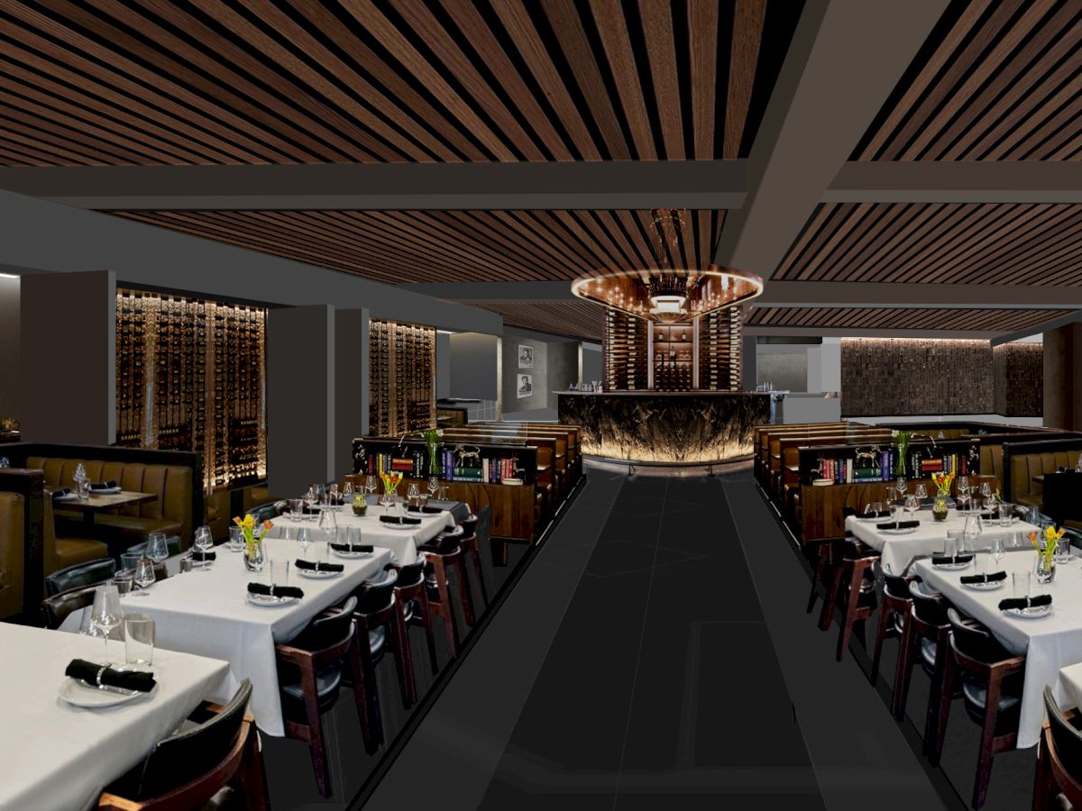 The image shows an upscale restaurant interior with neatly arranged tables, white tablecloths, and a central bar area under warm lighting.