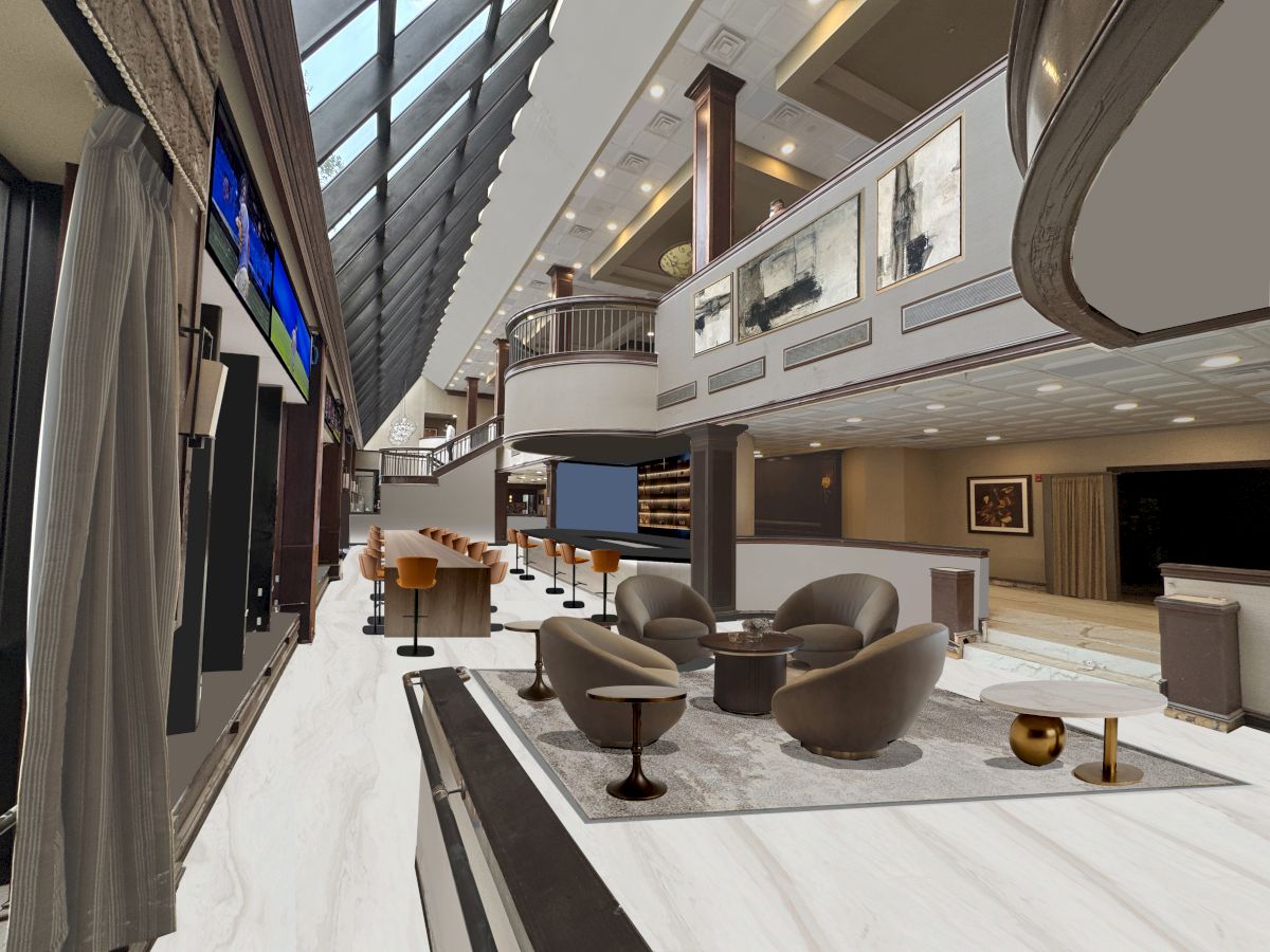 The image shows a modern, spacious lobby with seating, sleek furniture, large windows, and bright lighting.