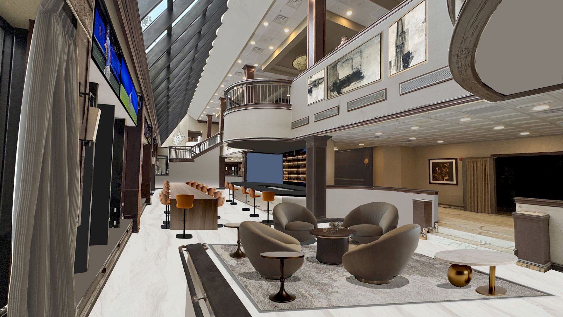 A sleek hotel-like lobby with couches, round tables, a bar area, framed art, curved balconies, and wall-mounted TVs.