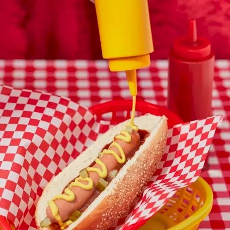 A hand squeezes yellow condiment onto a hot dog in checkered paper, with red trays and another drink in the background.